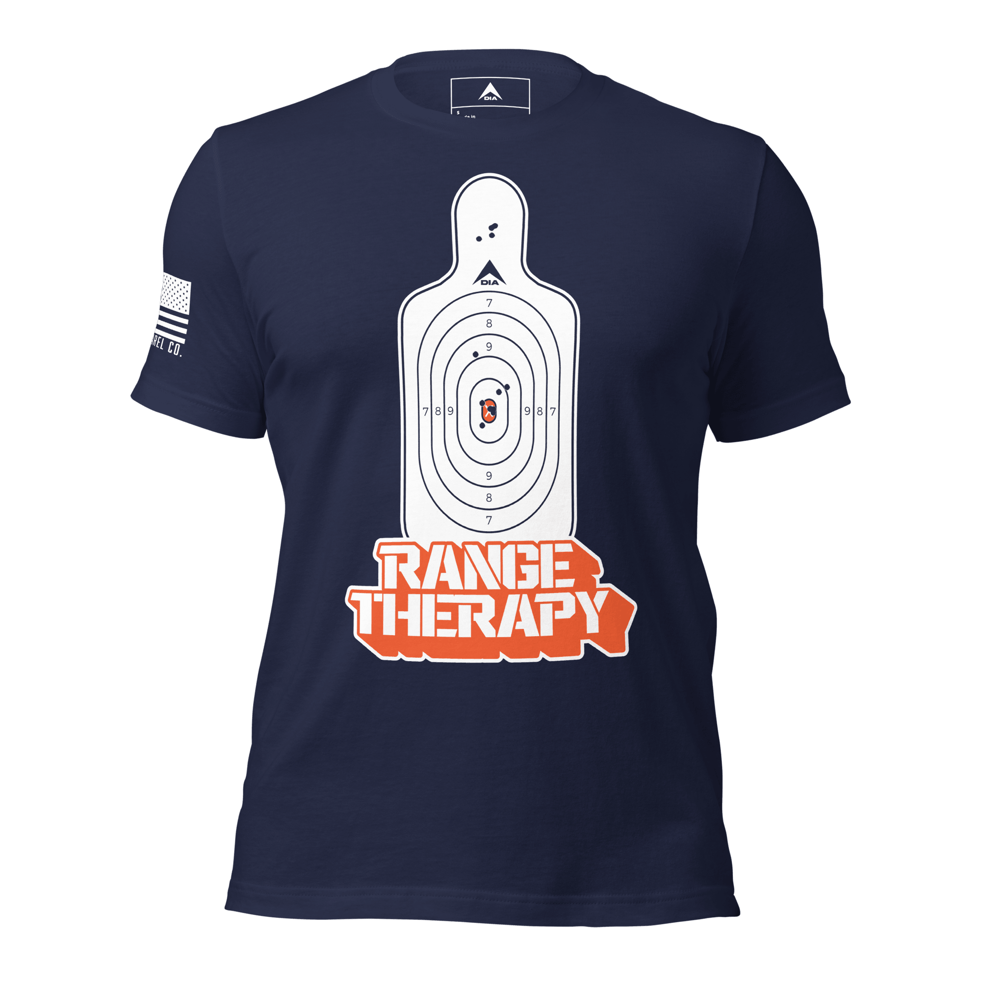 Navy blue t-shirt featuring a white silhouette target graphic with orange "RANGE THERAPY" text and a white sleeve flag.