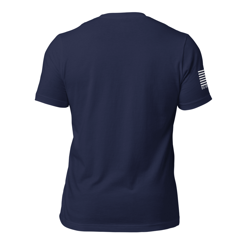 Back view of a navy blue t-shirt featuring a white American flag and DIA APPAREL text on the right sleeve.