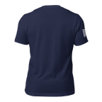 Back view of a navy blue t-shirt featuring a white American flag and DIA APPAREL text on the right sleeve.