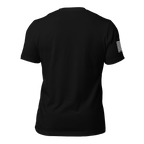 Back view of a black t-shirt featuring a white American flag and "DIA APPAREL" text on the right sleeve.