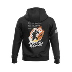 Black hoodie with a back graphic with a soldier in flames, white poetic text, and a white American flag on the right sleeve.