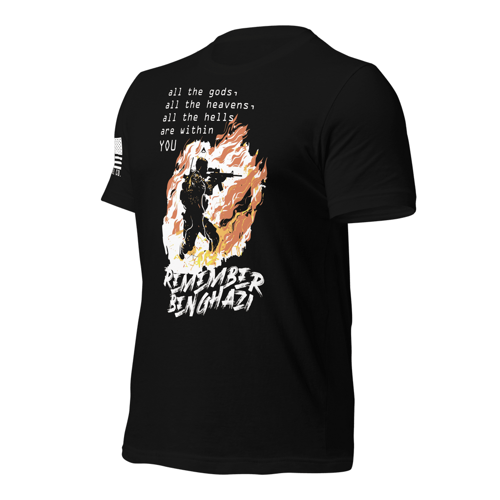 Black t-shirt angled right featuring a flaming operator chest graphic, white text, and a white American flag.