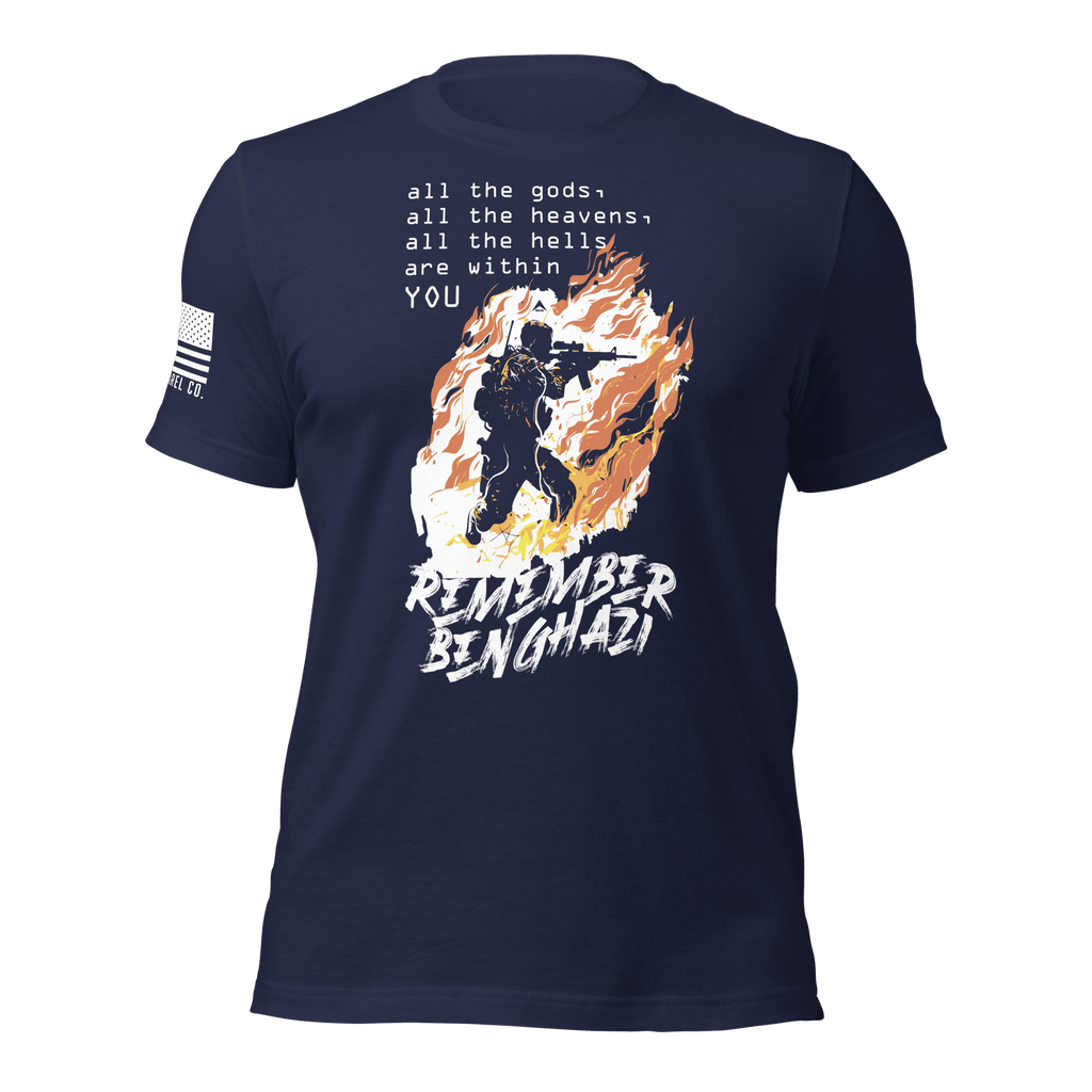 Navy t-shirt featuring a flaming operator chest graphic, white text, and a white American flag on the sleeve.