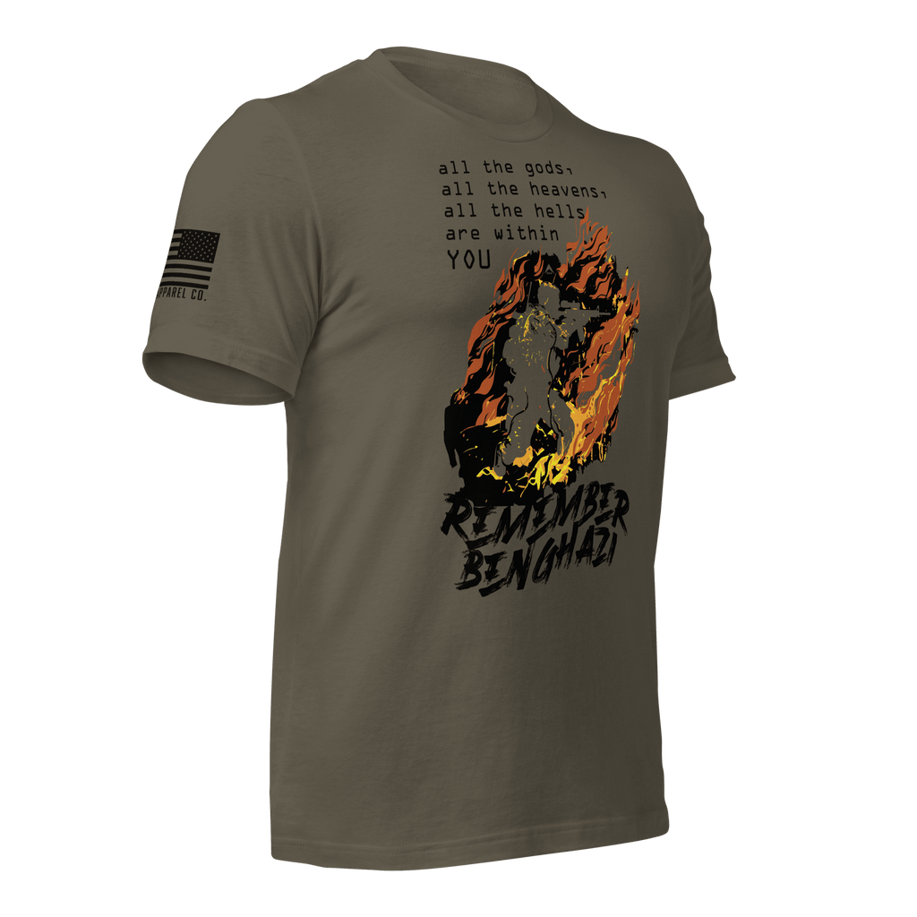 Army green t-shirt angled left featuring a flaming operator chest graphic, black text, and a black American flag.