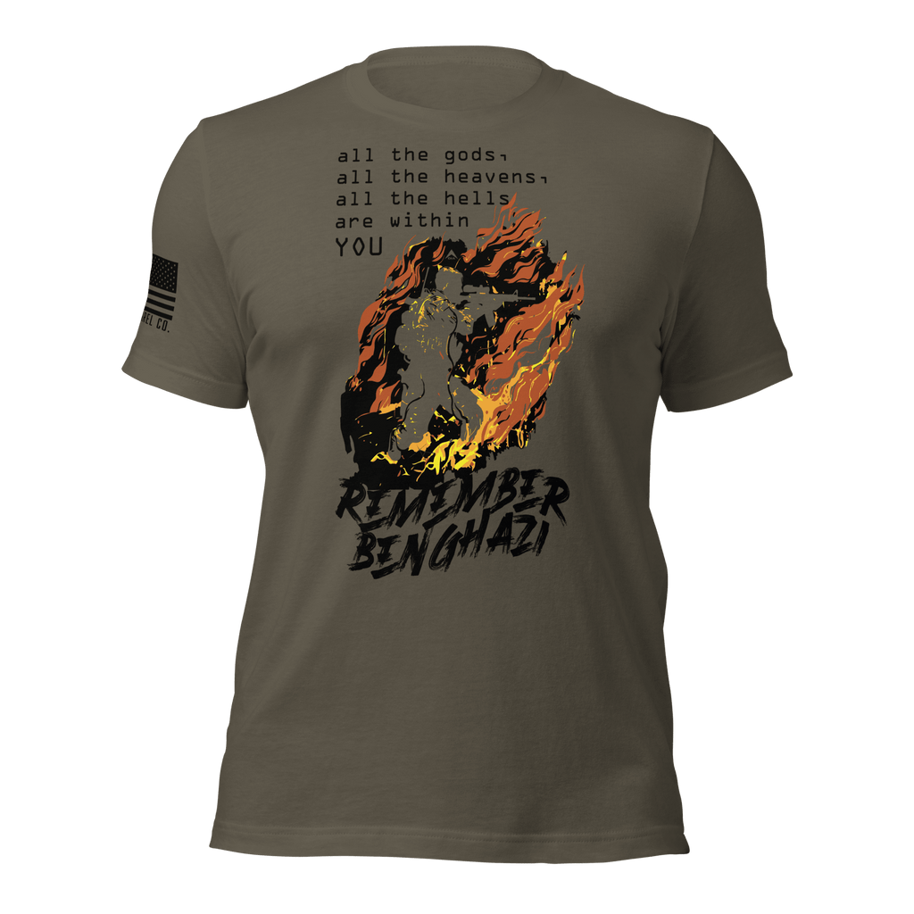 Army green t-shirt featuring a flaming operator chest graphic, black text, and a black American flag on the sleeve.