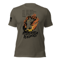 Army green t-shirt featuring a flaming operator chest graphic, black text, and a black American flag on the sleeve.