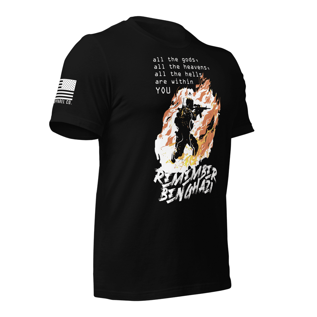 Black t-shirt angled left featuring a flaming operator chest graphic, white text, and a white American flag.