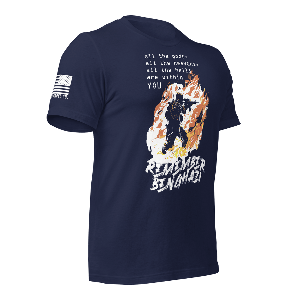 Navy t-shirt angled left featuring a flaming operator chest graphic, white text, and a white American flag.