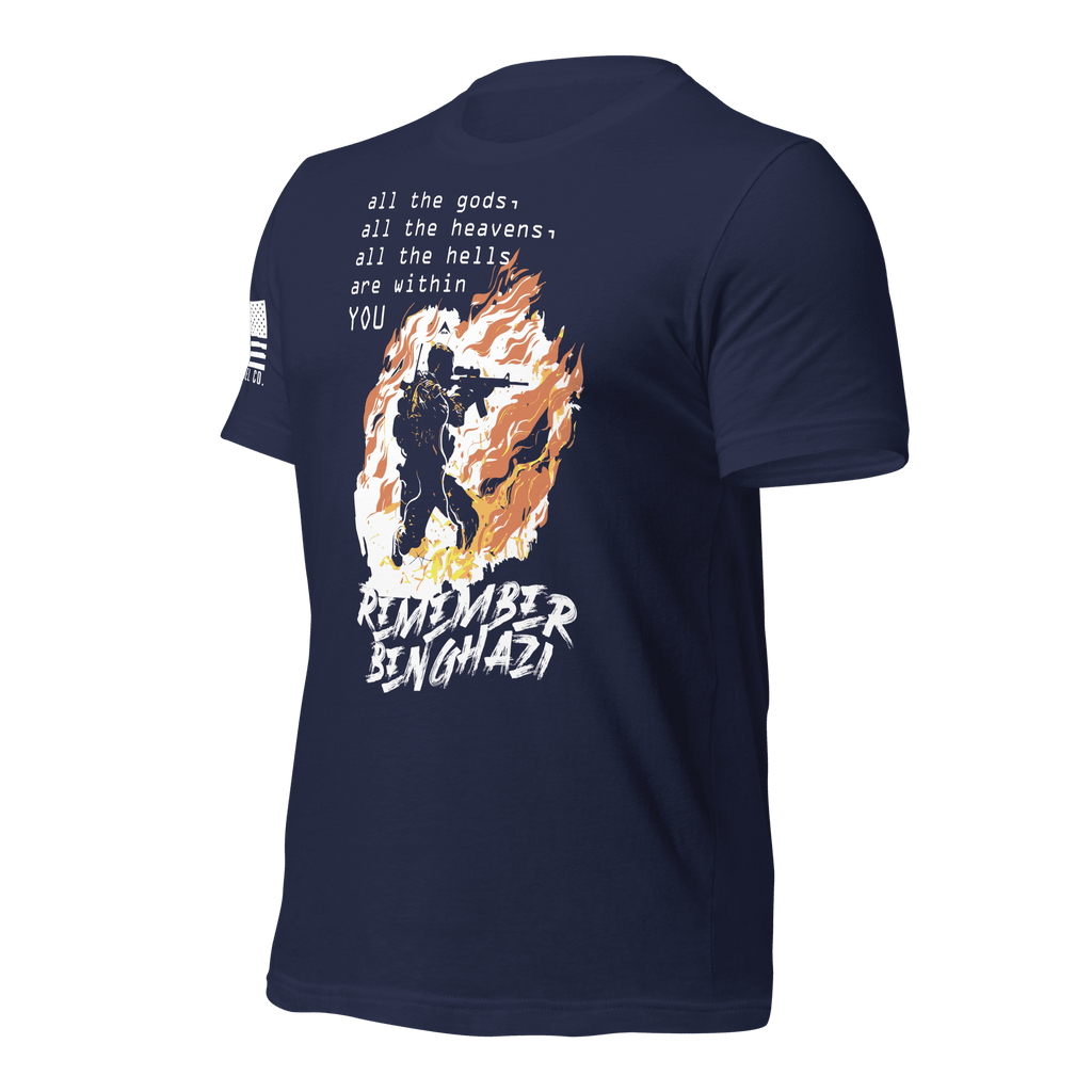 Navy t-shirt angled right featuring a flaming operator chest graphic, white text, and a white American flag on the sleeve.