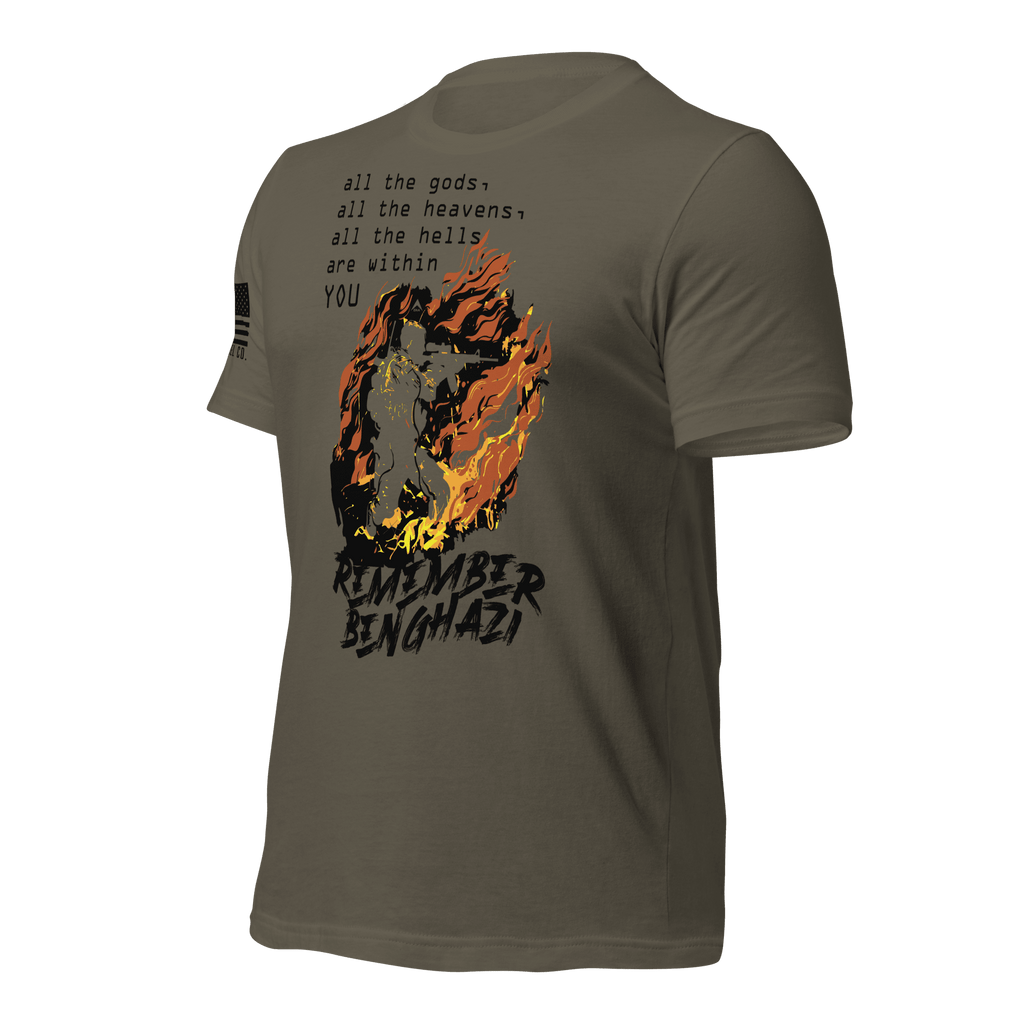 Army green t-shirt angled right featuring a flaming operator chest graphic, black text, and a black American flag.