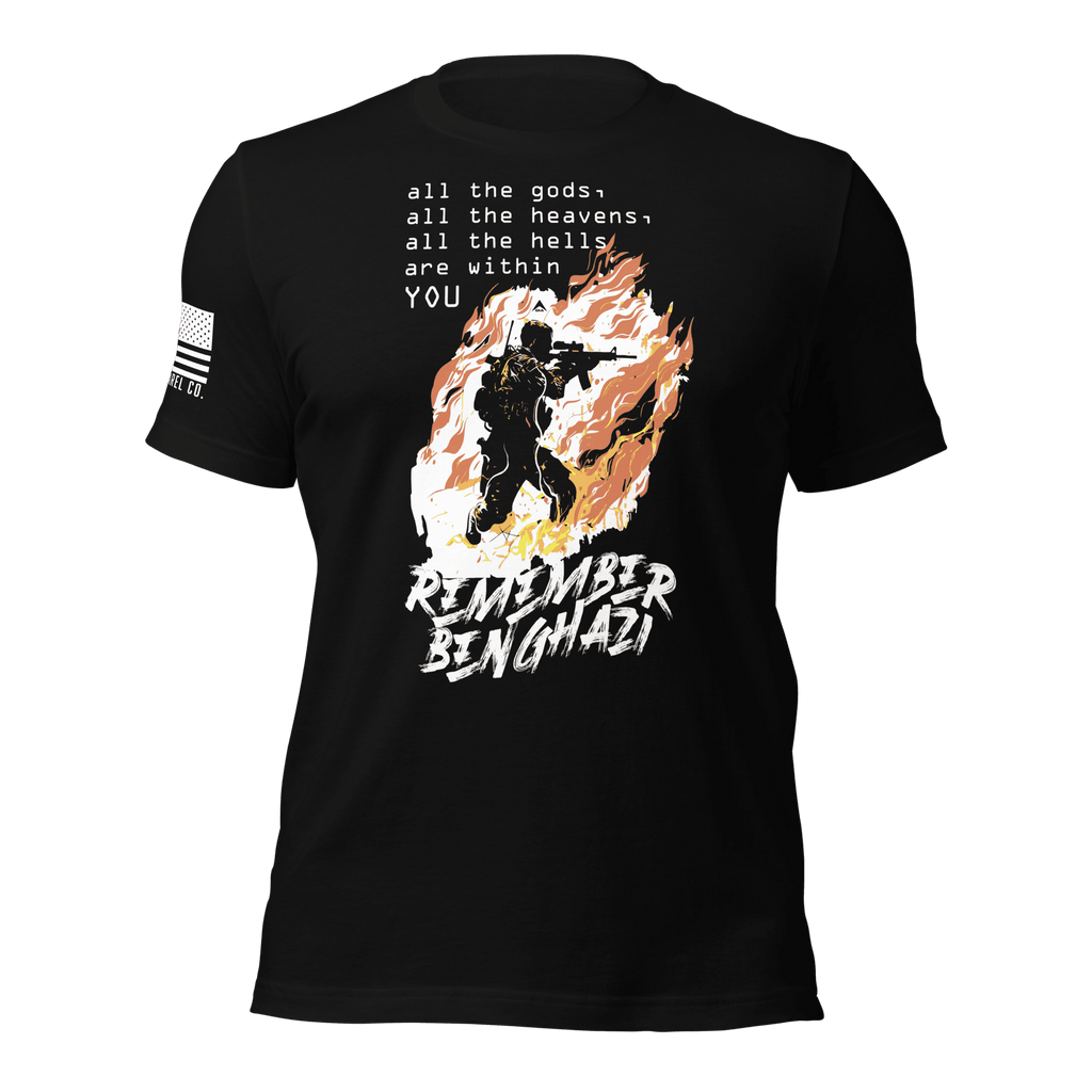 Black t-shirt featuring a flaming operator chest graphic, white text, and a white American flag on the sleeve.