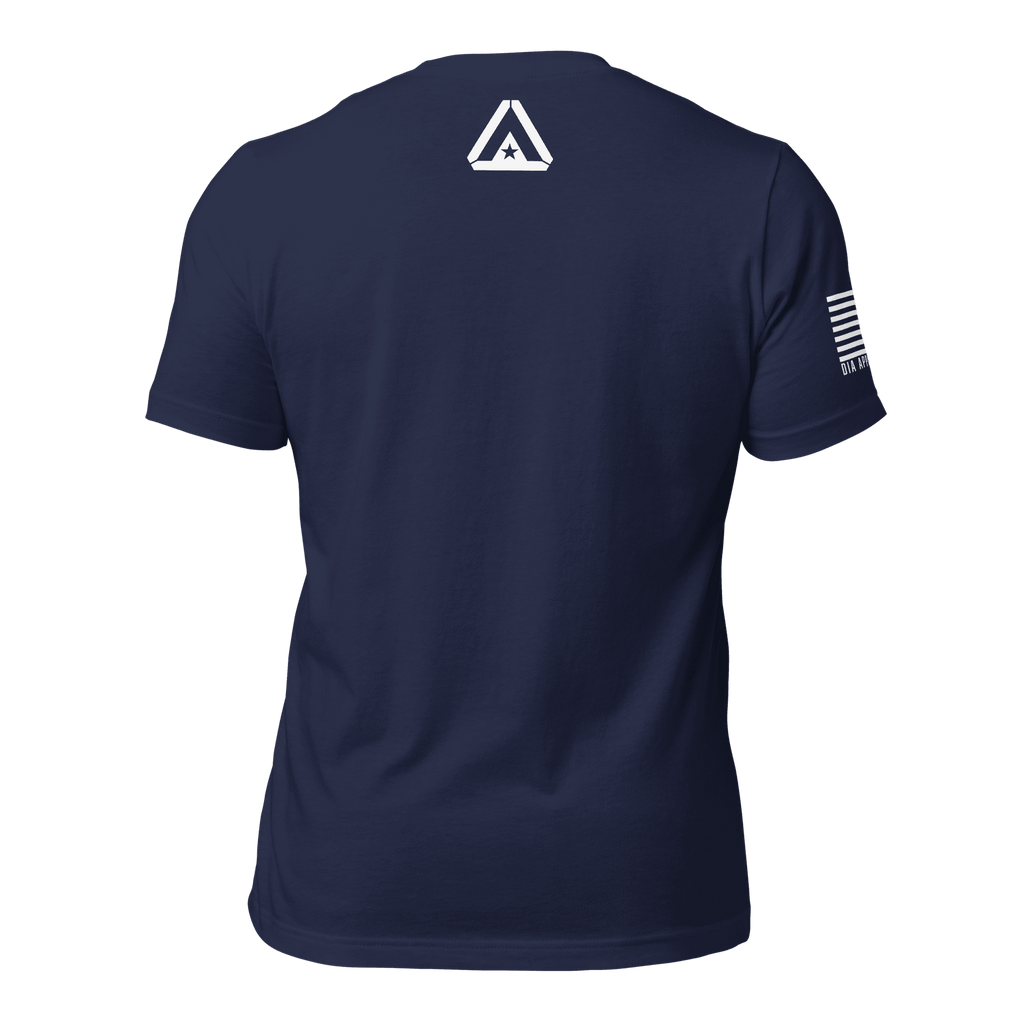 Navy t-shirt back view featuring a white DIA logo below the neck and a white American flag on the sleeve.