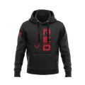 Black hoodie, front view, featuring a red vertical "RED" graphic with an aircraft and an American flag on the sleeve.