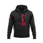 Black hoodie, front view, featuring a red vertical "RED" graphic with an aircraft and an American flag on the sleeve.