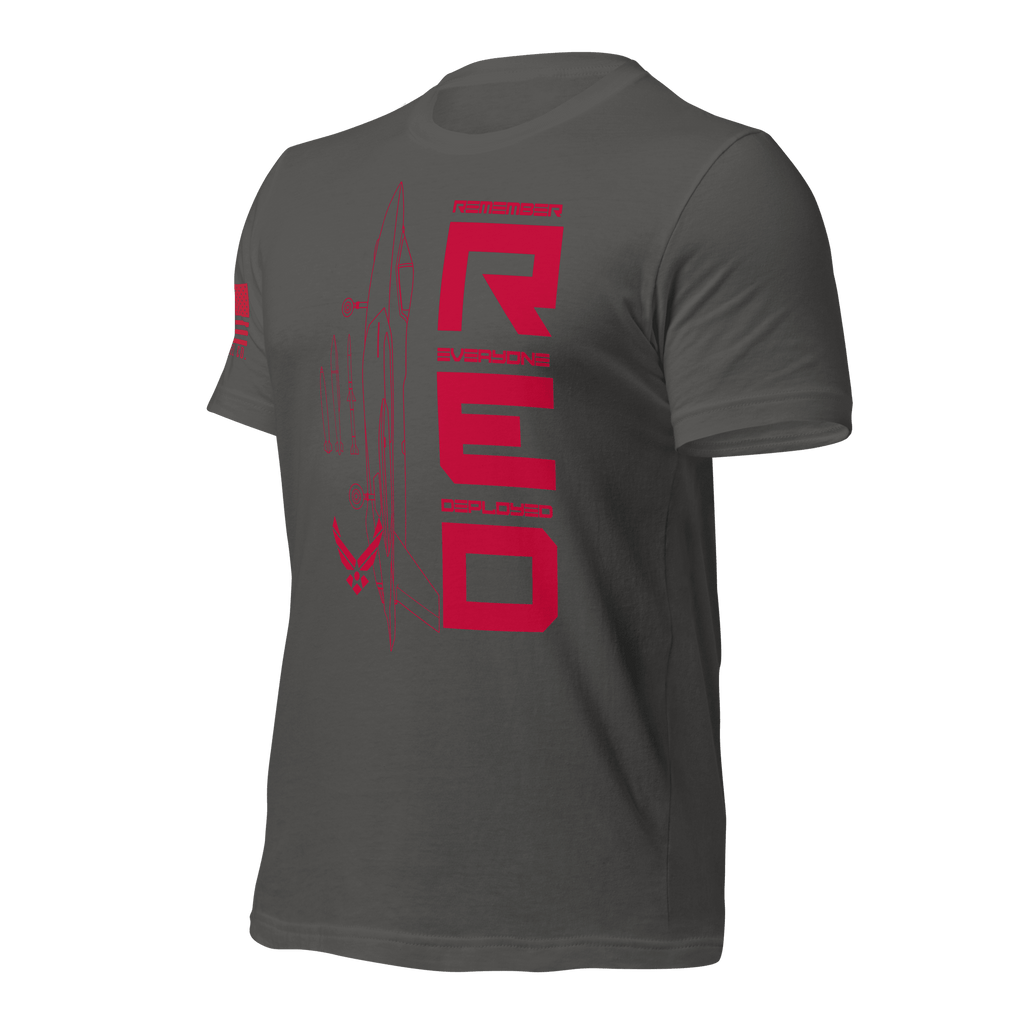 Asphalt Air Force R.E.D. T-shirt angled left emphasizing contrast between red print and heather fabric