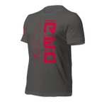 Asphalt Air Force R.E.D. T-shirt angled left emphasizing contrast between red print and heather fabric