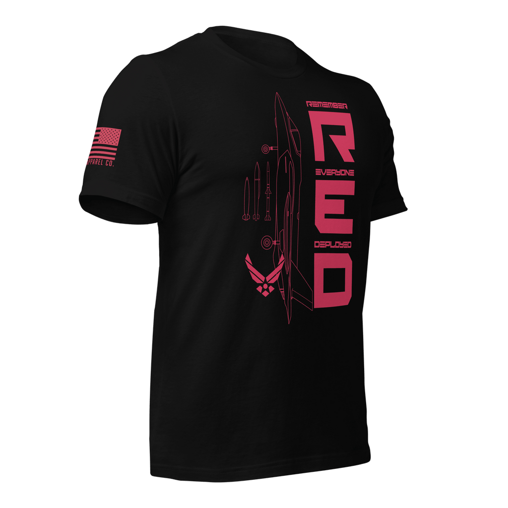 Black Air Force R.E.D. T-shirt angled right showing bold red lettering and service emblem