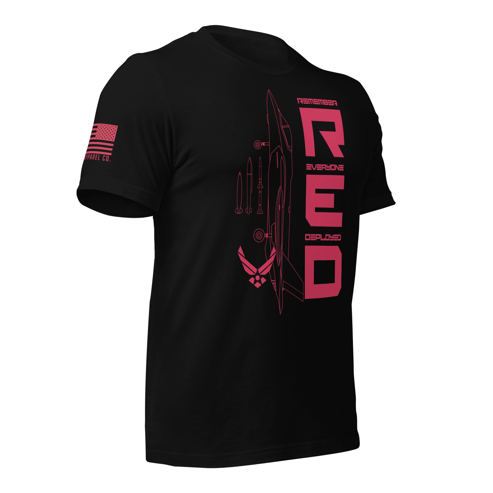 Black Air Force R.E.D. T-shirt angled right showing bold red lettering and service emblem