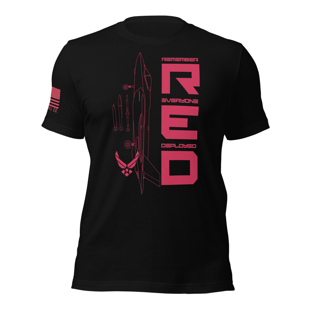 Black Air Force R.E.D. T-shirt featuring vertical red “Remember Everyone Deployed” chest graphic