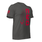Asphalt Air Force R.E.D. T-shirt angled right showcasing red emblem and stacked text design
