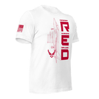 White Air Force R.E.D. T-shirt angled right focusing on red insignia and typographic layout