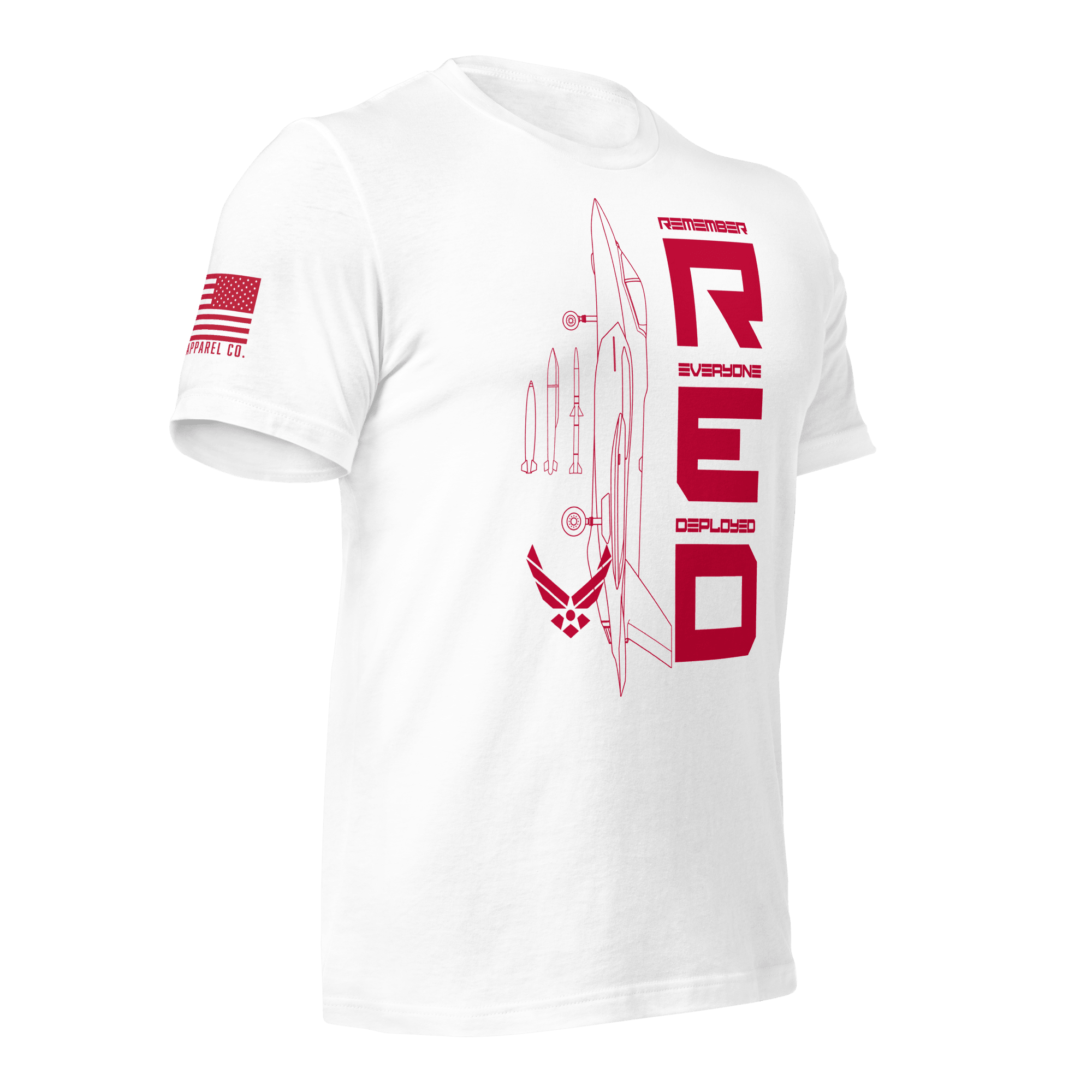 White Air Force R.E.D. T-shirt angled right focusing on red insignia and typographic layout