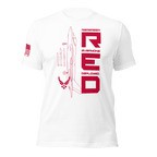 White Air Force R.E.D. T-shirt front presenting red vertical “Remember Everyone Deployed” design
