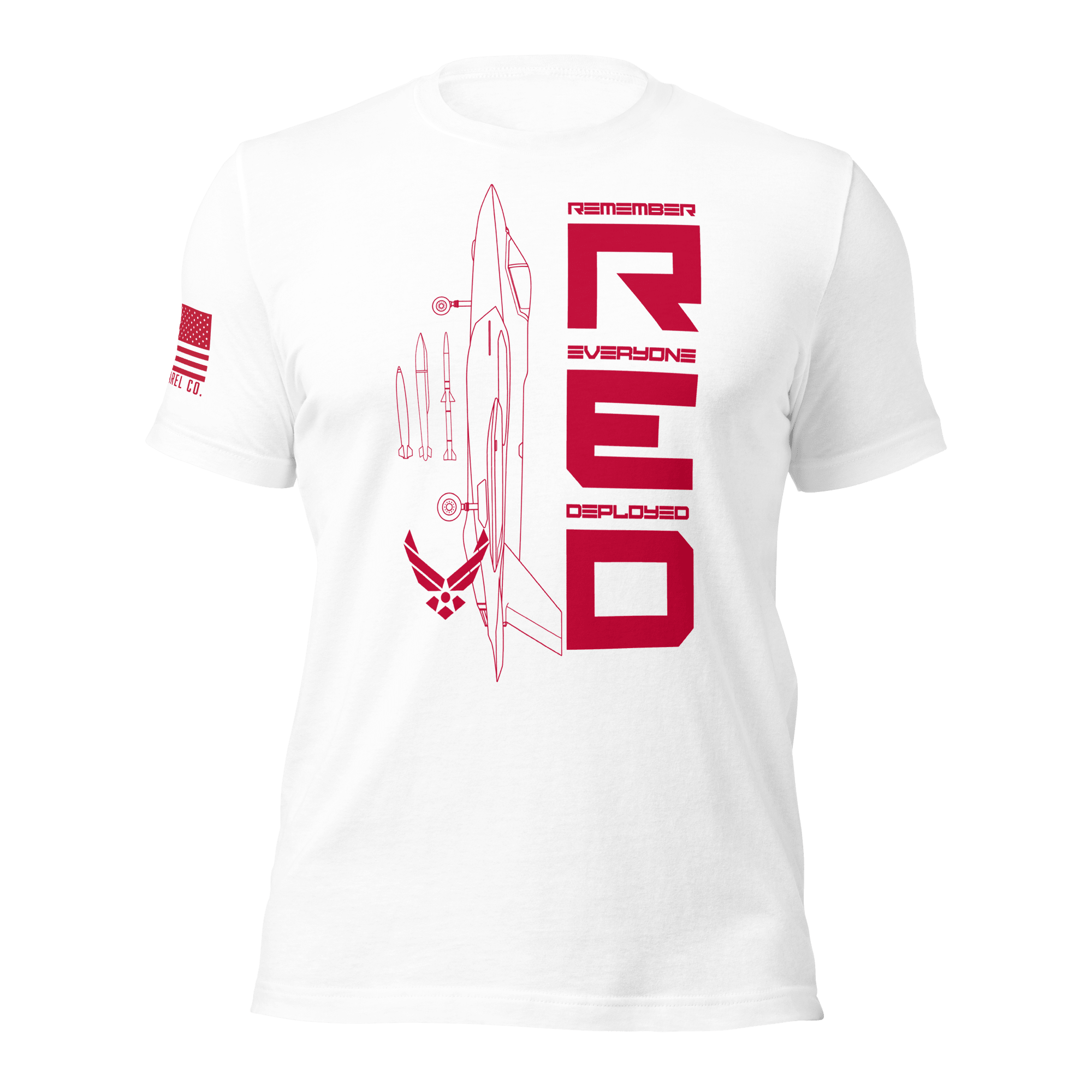 White Air Force R.E.D. T-shirt front presenting red vertical “Remember Everyone Deployed” design