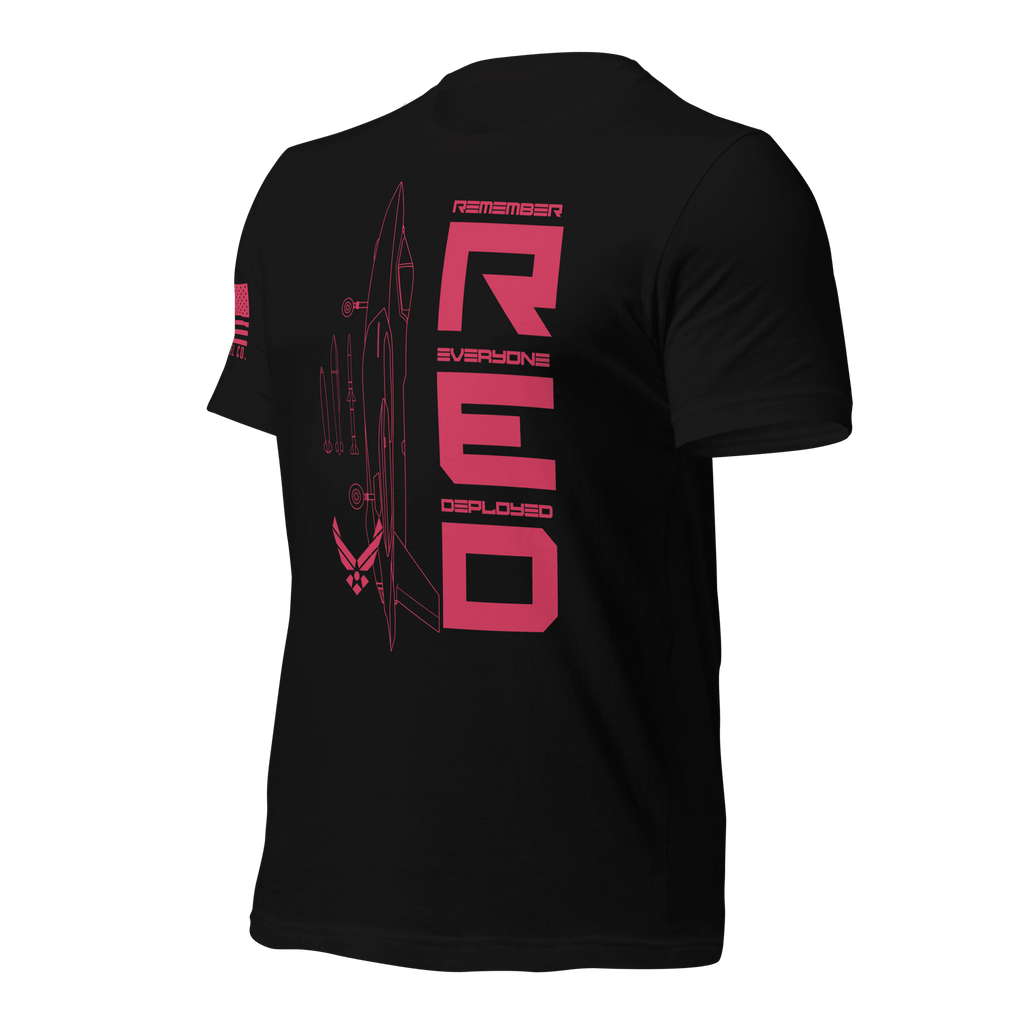 Black Air Force R.E.D. T-shirt angled left highlighting red typography and centered layout