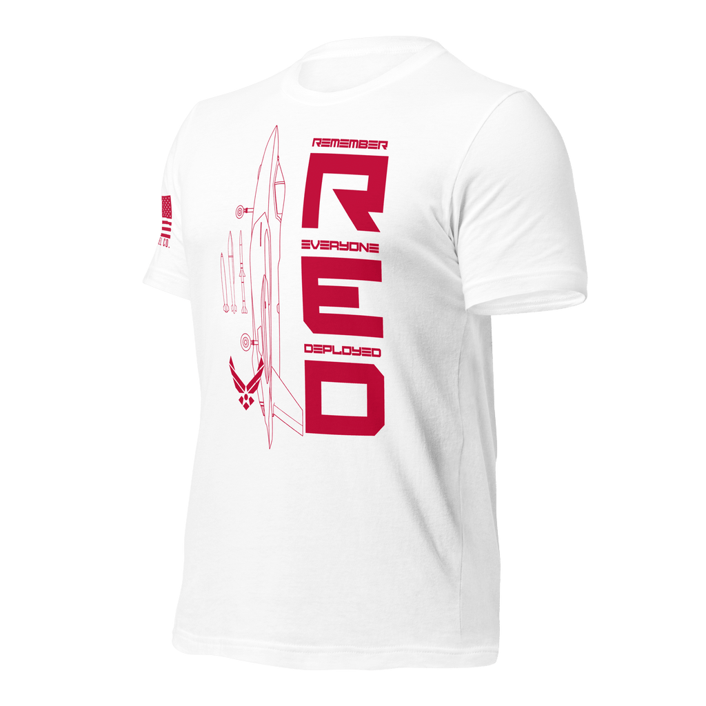White Air Force R.E.D. T-shirt angled left highlighting crisp red text on light fabric