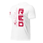 White Air Force R.E.D. T-shirt angled left highlighting crisp red text on light fabric