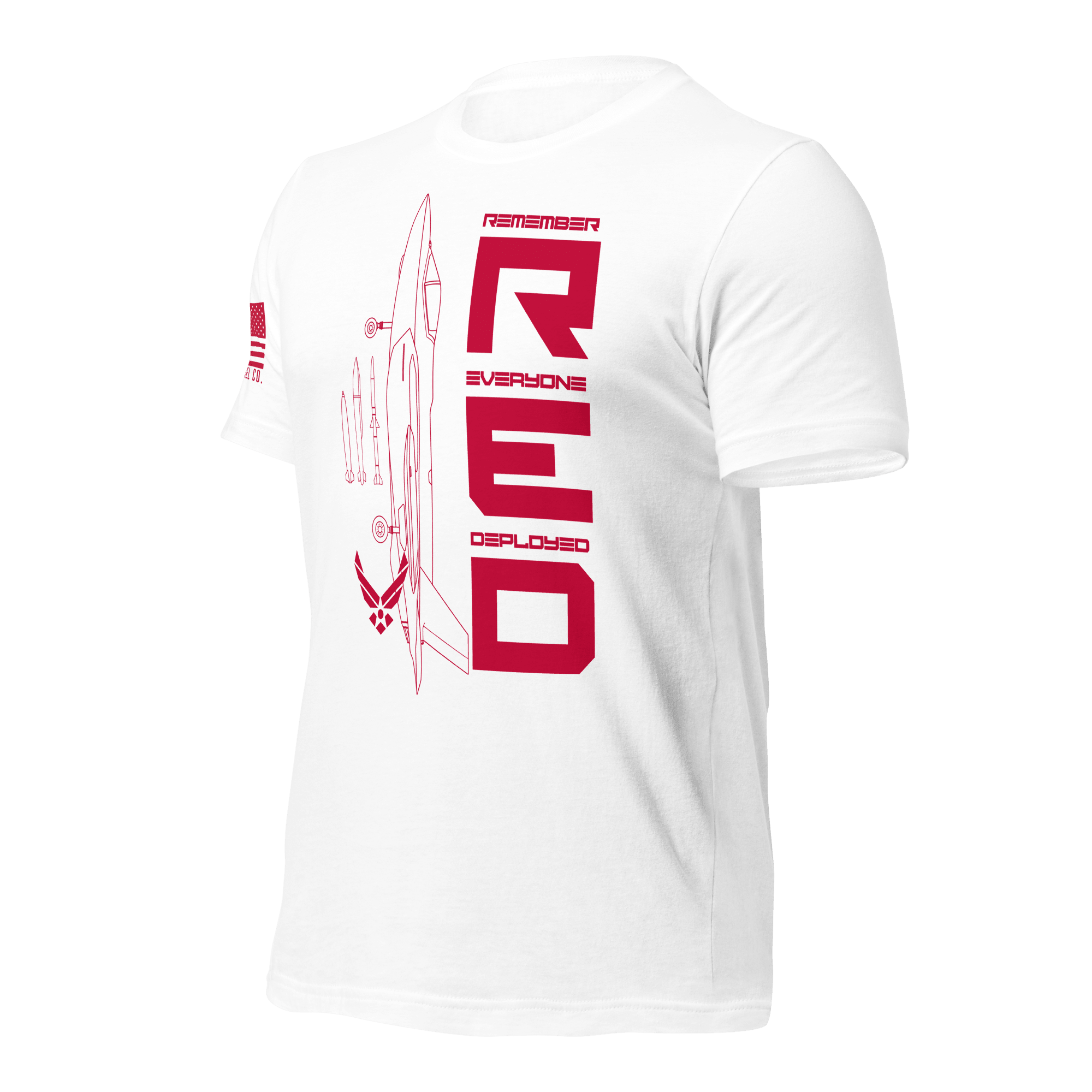 White Air Force R.E.D. T-shirt angled left highlighting crisp red text on light fabric