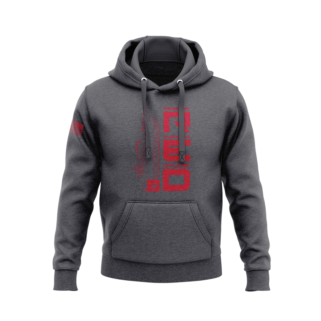 Charcoal hoodie, front view, featuring a red vertical "RED" graphic and an American flag on the right sleeve.
