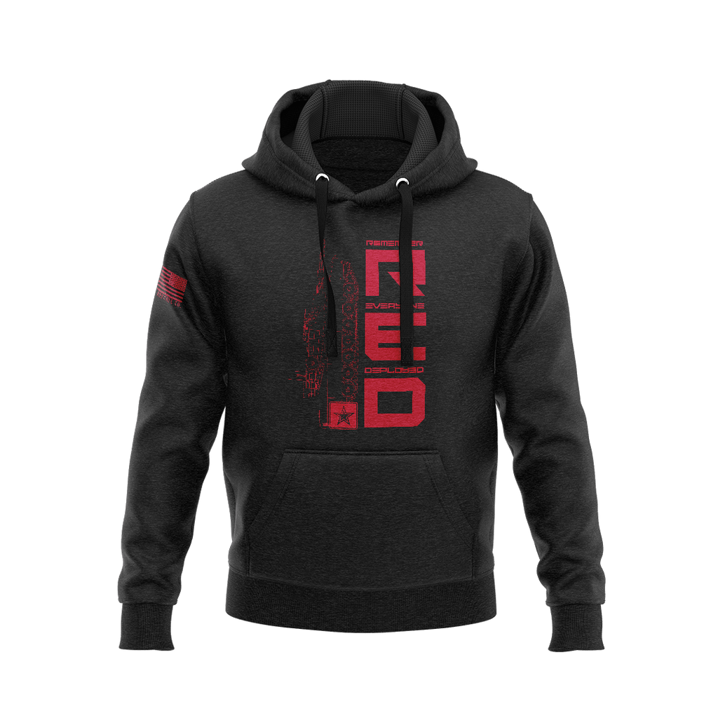 Black hoodie, front view, featuring a red vertical "RED" graphic and an American flag on the right sleeve.
