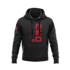 Black hoodie, front view, featuring a red vertical "RED" graphic and an American flag on the right sleeve.