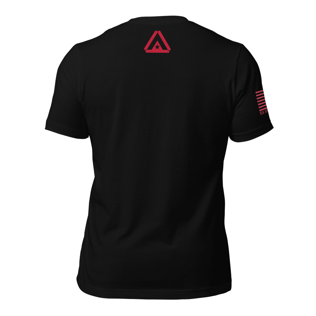 Black Army R.E.D. T-shirt back view with small red DIA logo positioned below collar