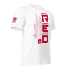 White Army R.E.D. T-shirt angled right highlighting red emblem and structured text layout