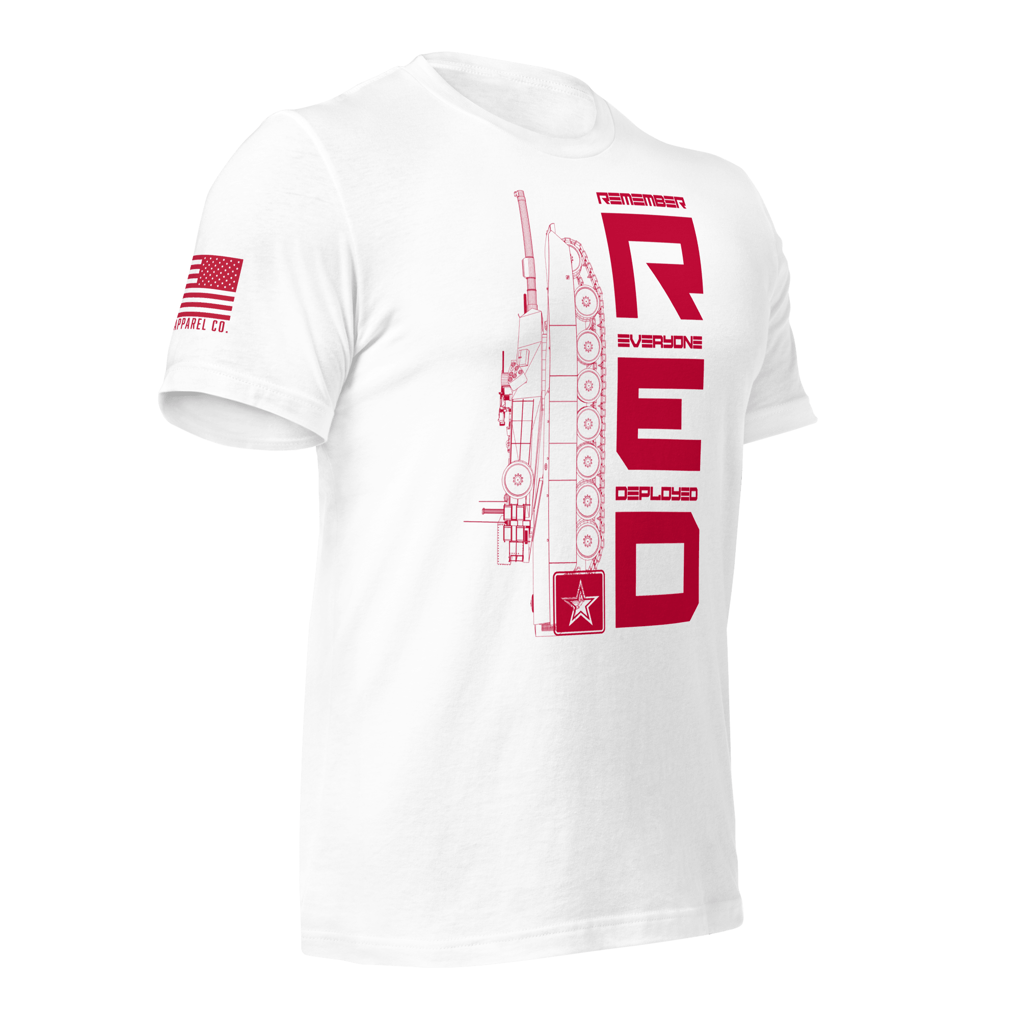 White Army R.E.D. T-shirt angled right highlighting red emblem and structured text layout