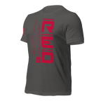 Asphalt Army R.E.D. T-shirt angled left emphasizing contrast between red print and heather fabric