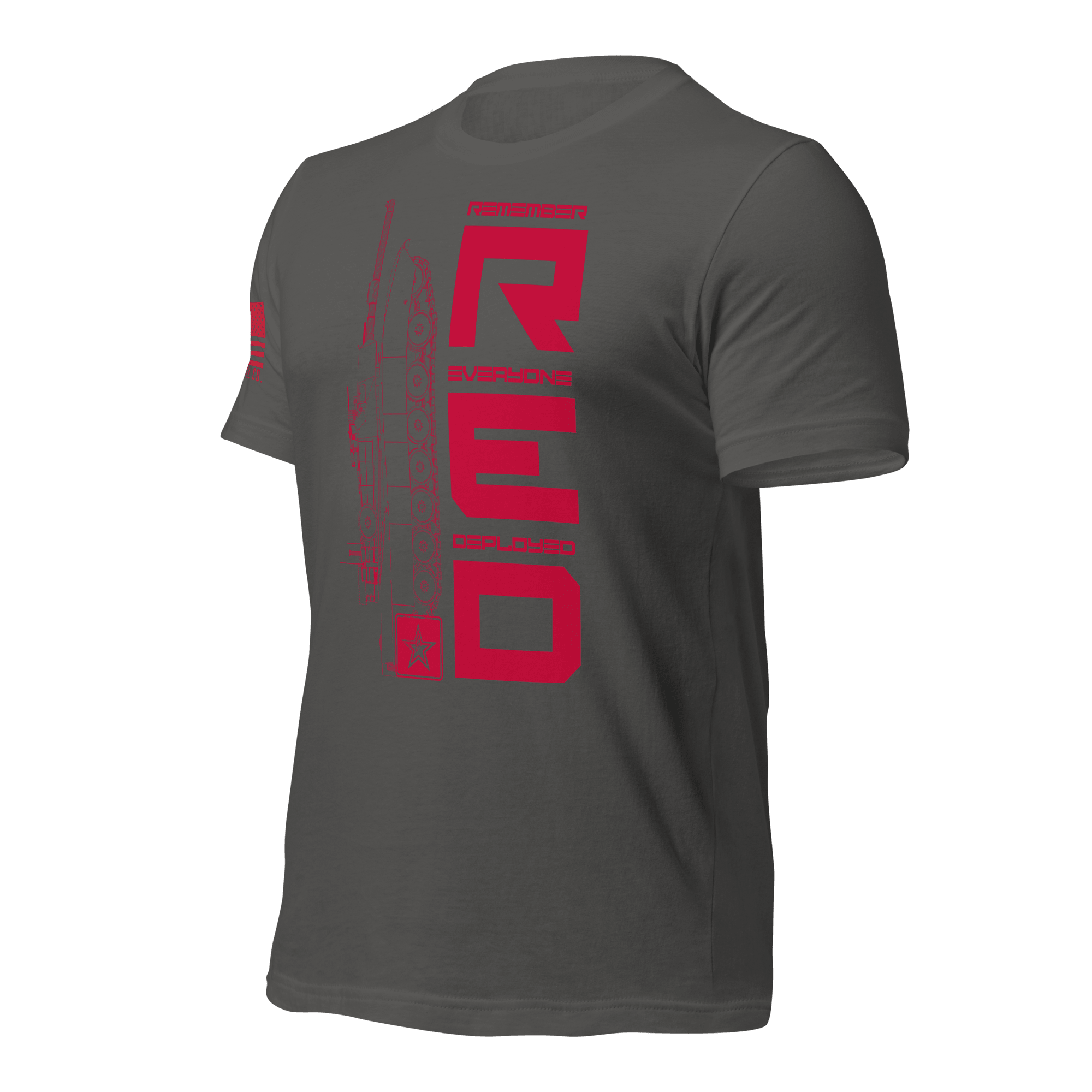 Asphalt Army R.E.D. T-shirt angled left emphasizing contrast between red print and heather fabric