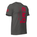 Asphalt Army R.E.D. T-shirt angled right showcasing stacked red text and insignia detail