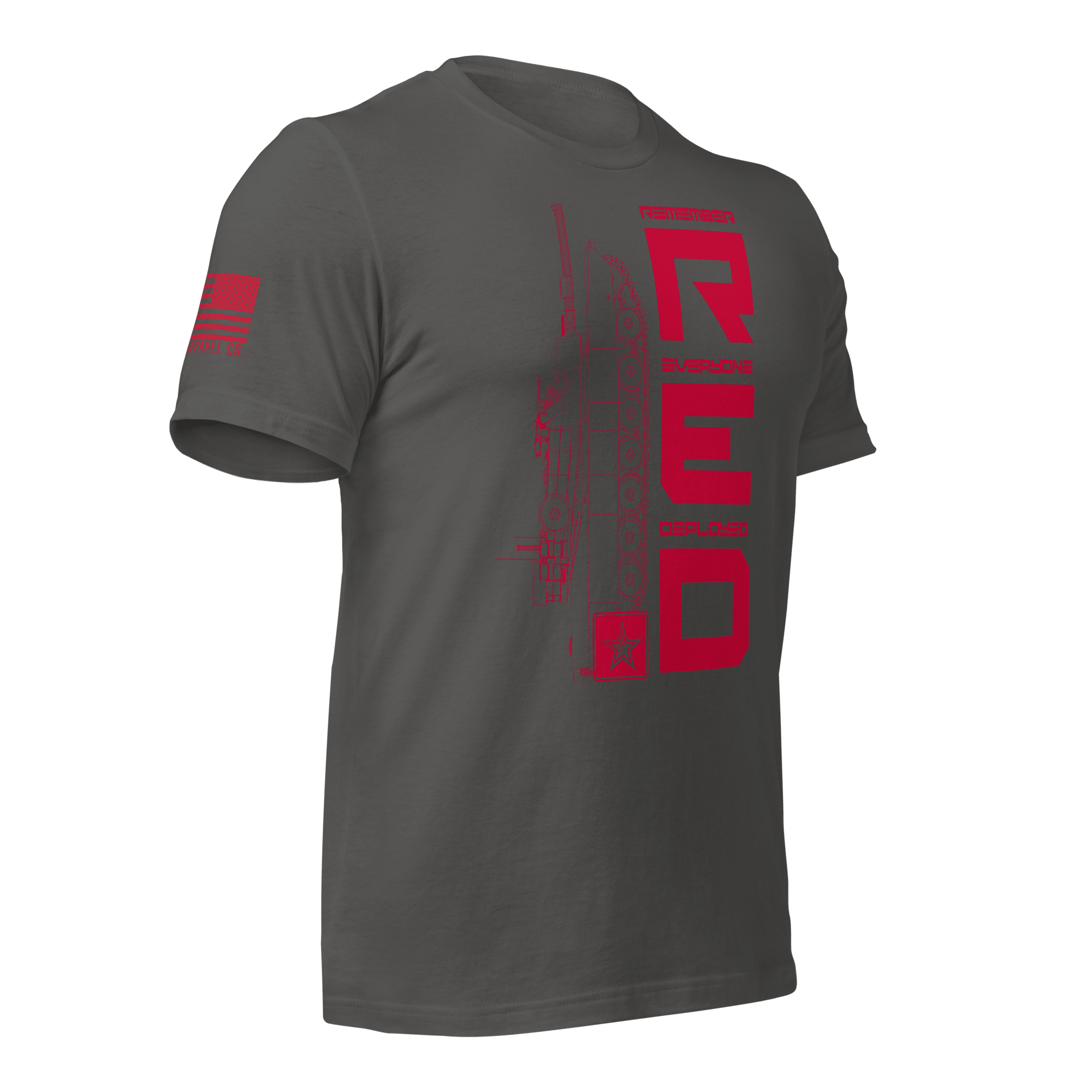 Asphalt Army R.E.D. T-shirt angled right showcasing stacked red text and insignia detail