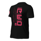 Black Army R.E.D. T-shirt angled left highlighting red typography and centered design
