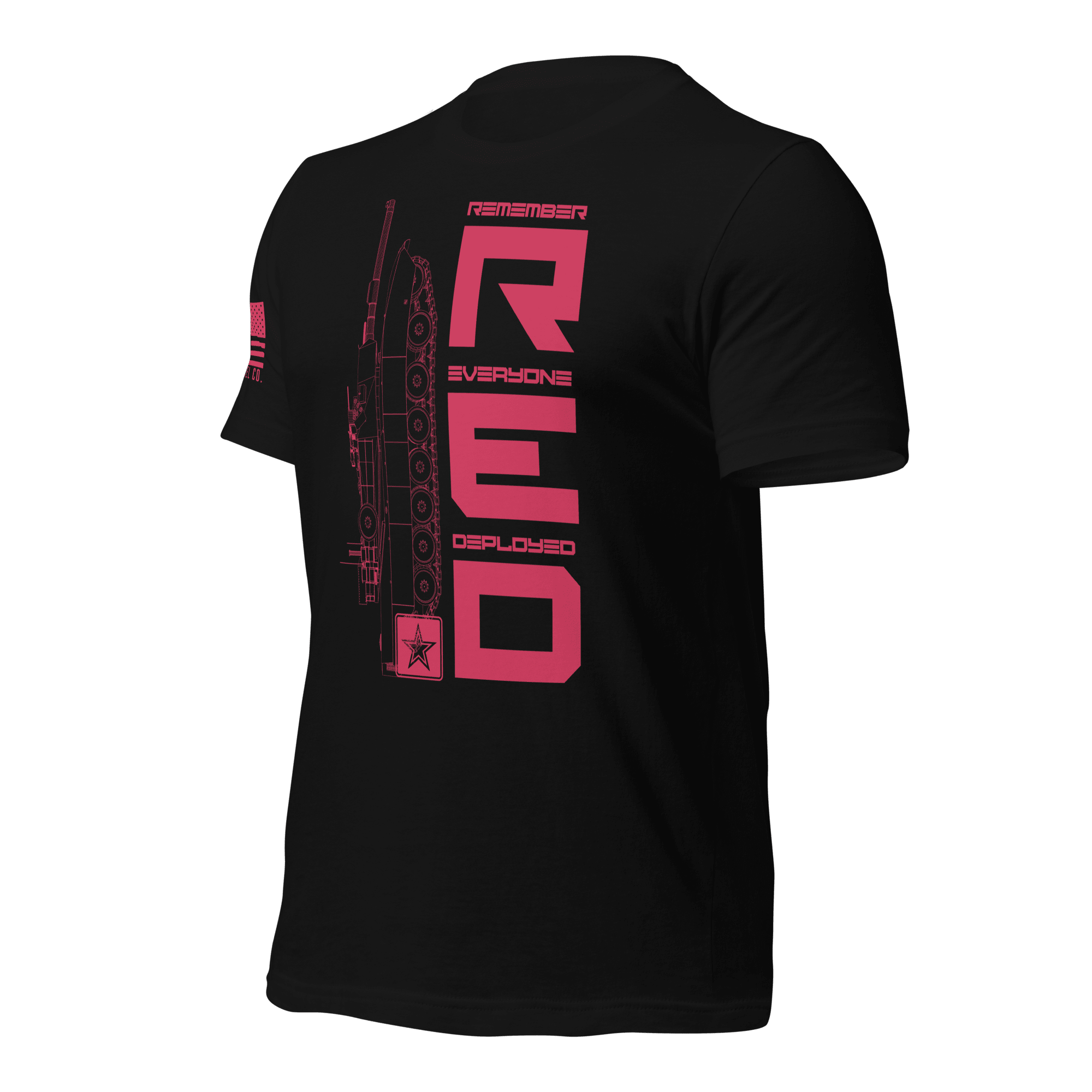 Black Army R.E.D. T-shirt angled left highlighting red typography and centered design