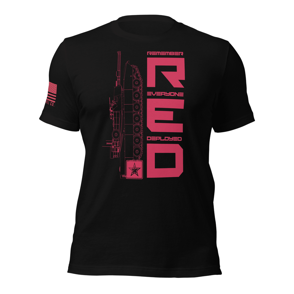 Black Army R.E.D. T-shirt displaying vertical red “Remember Everyone Deployed” chest graphic