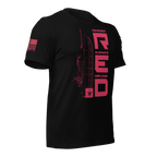 Black Army R.E.D. T-shirt angled right showing bold red lettering and service emblem