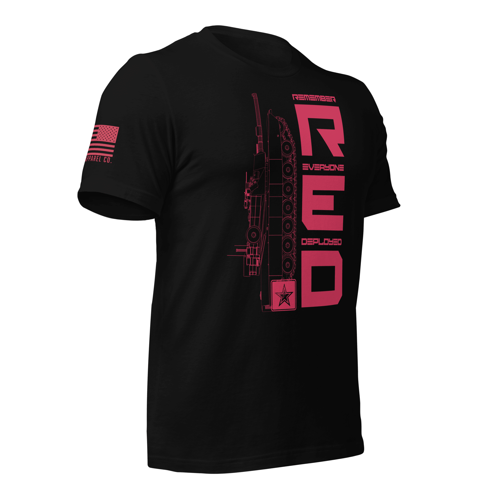Black Army R.E.D. T-shirt angled right showing bold red lettering and service emblem