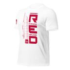 White Army R.E.D. T-shirt angled left focusing on crisp red typography on light fabric