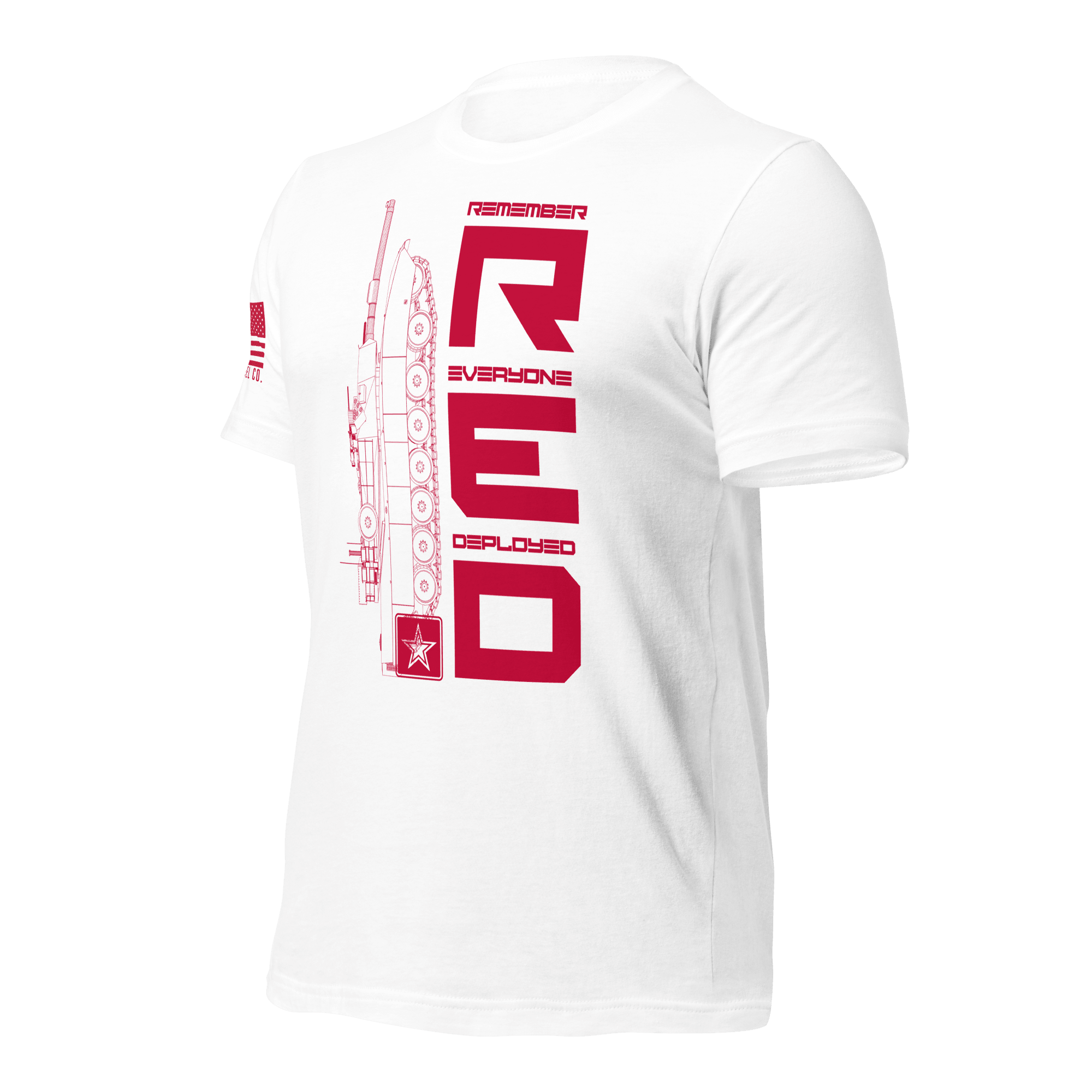 White Army R.E.D. T-shirt angled left focusing on crisp red typography on light fabric