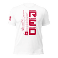 White Army R.E.D. T-shirt front presenting red vertical “Remember Everyone Deployed” design